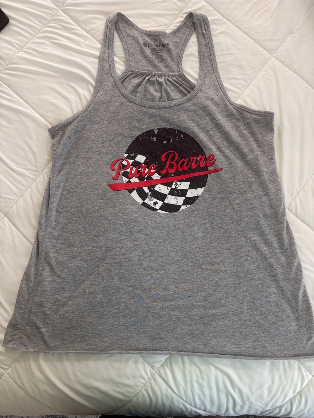 Pure Barre Gray Tank with Red Script & Black Graphic